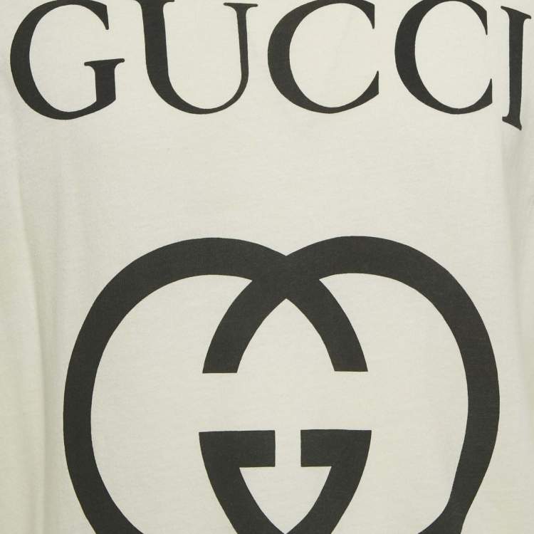 Pre Owned Gucci Cream Logo Print Jersey Crewneck T-Shirt M