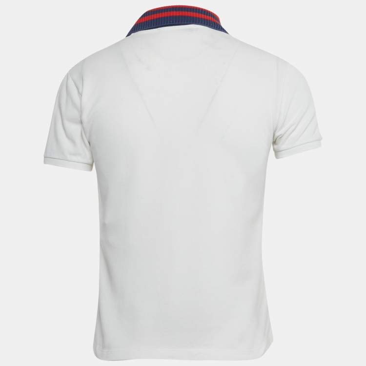 Pre Owned Gucci White Embroidered Cotton Rib Collar Polo T-Shirt S