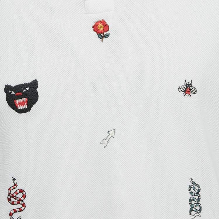 Pre Owned Gucci White Embroidered Cotton Rib Collar Polo T-Shirt S