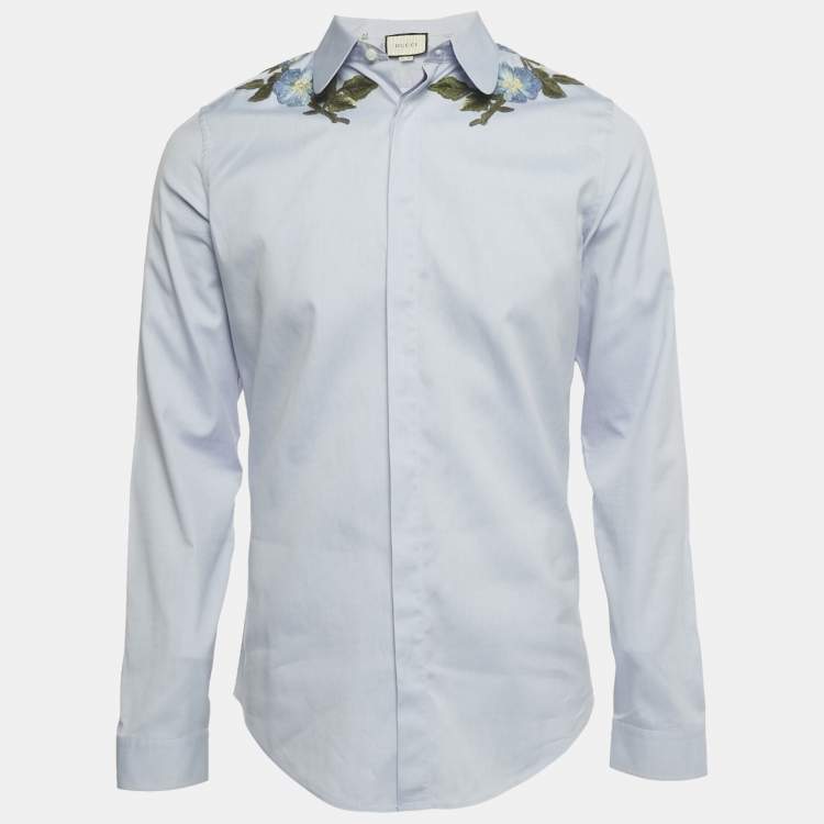 مملوكة مسبقًا Gucci Blue Floral Applique Oxford Cotton Shirt M