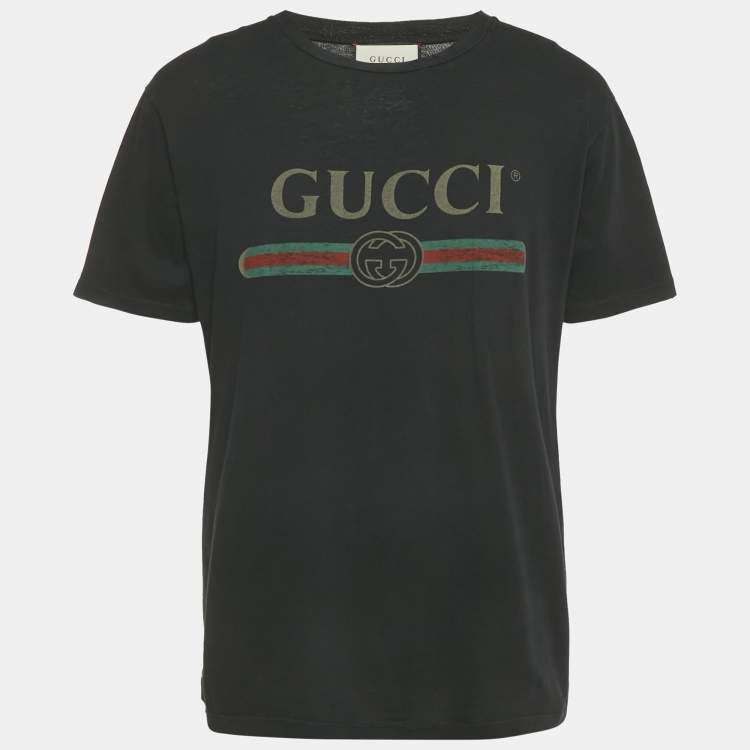 Pre Owned Gucci Black Logo Print Distressed Cotton Crew Neck T-Shirt S