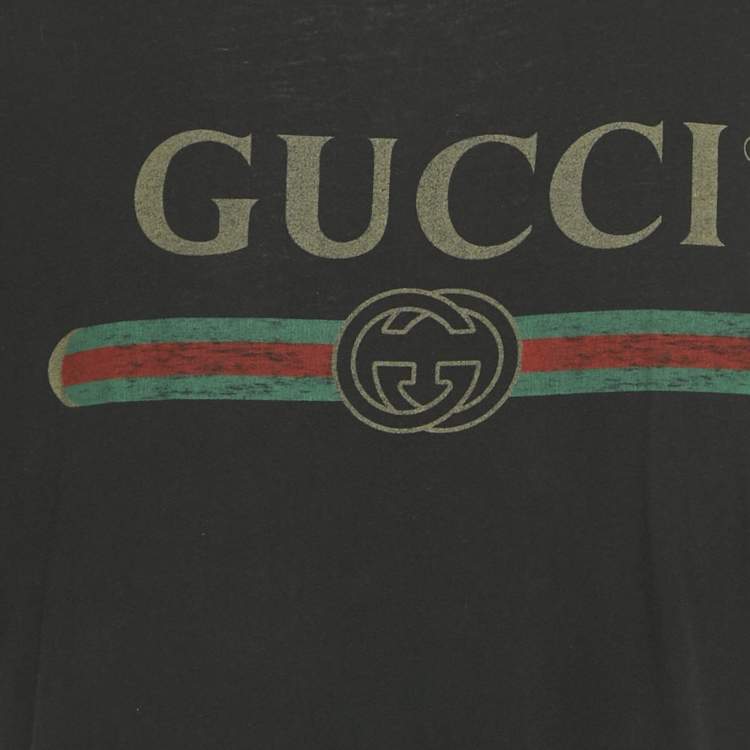Pre Owned Gucci Black Logo Print Distressed Cotton Crew Neck T-Shirt S