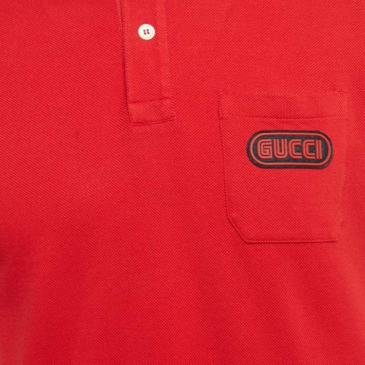 Pre Owned Gucci Red Logo Applique Cotton Polo T-Shirt M 