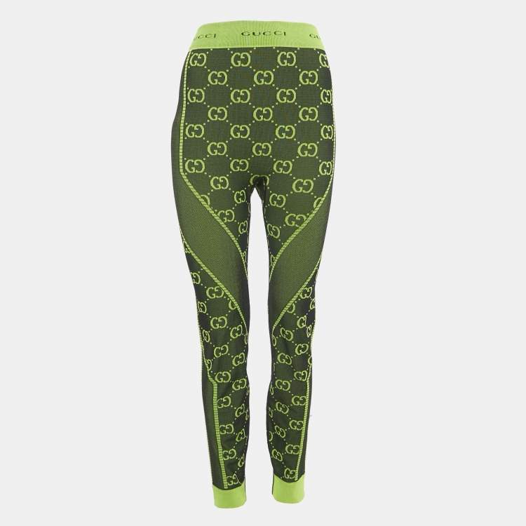 Pre Owned Gucci Neon Green GG Pattern Jersey Leggings L 