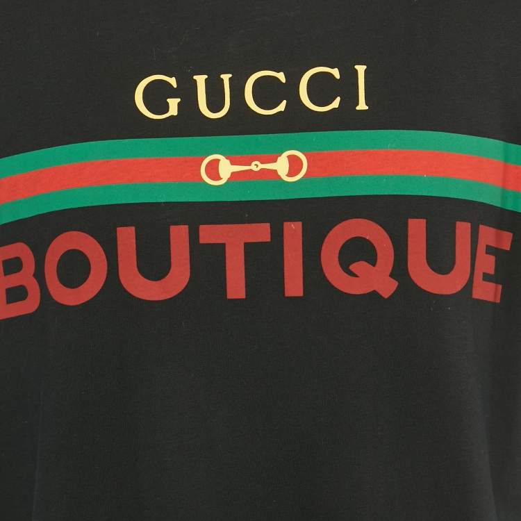 Pre Owned Gucci Black Logo Print Cotton Crew Neck T-Shirt M