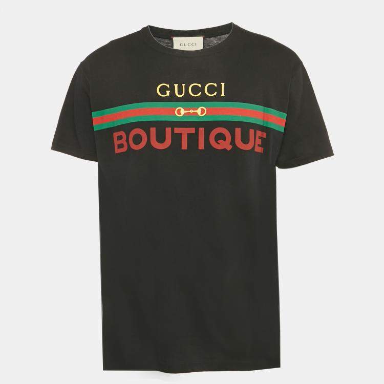 Pre Owned Gucci Black Logo Print Cotton Crew Neck T-Shirt M