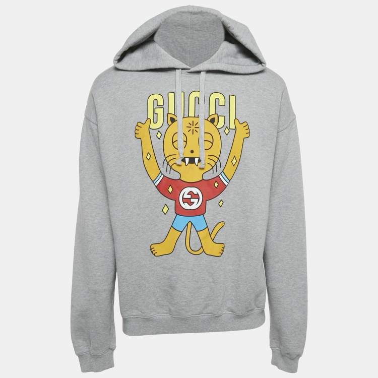 Pre Owned Gucci Grey Printed Cotton Hooded Sweatshirt M