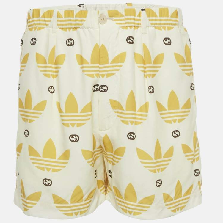 Pre Owned Gucci x Adidas Cream/Yellow Monogram Print Viscose Shorts S
