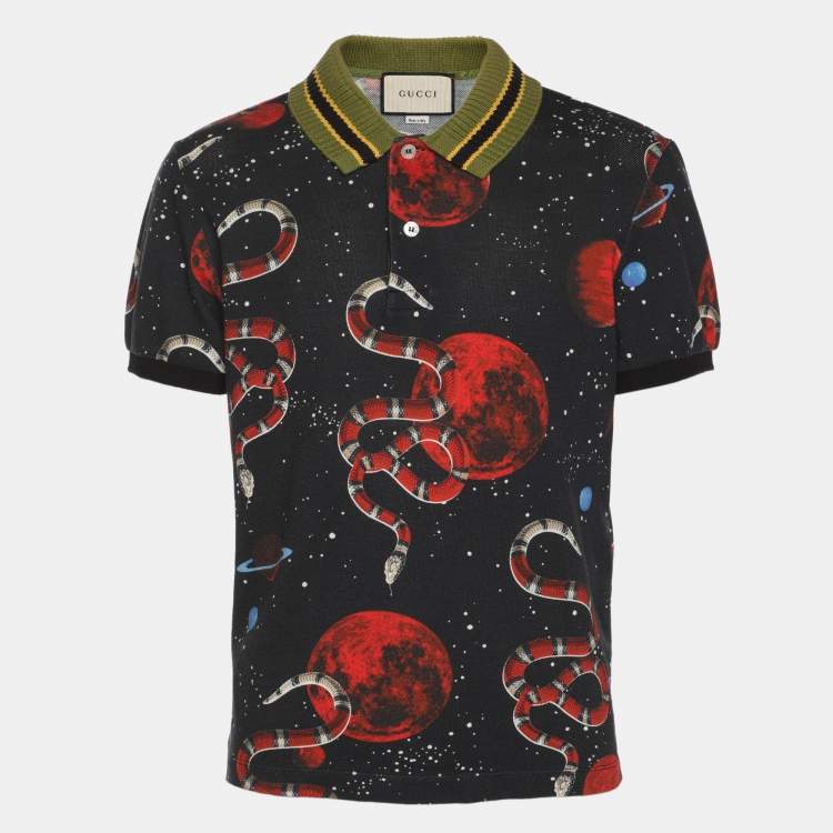 Pre Owned Gucci Navy Blue Space and Snake Printed Cotton Polo T-Shirt M