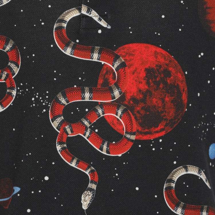 Pre Owned Gucci Navy Blue Space and Snake Printed Cotton Polo T-Shirt M
