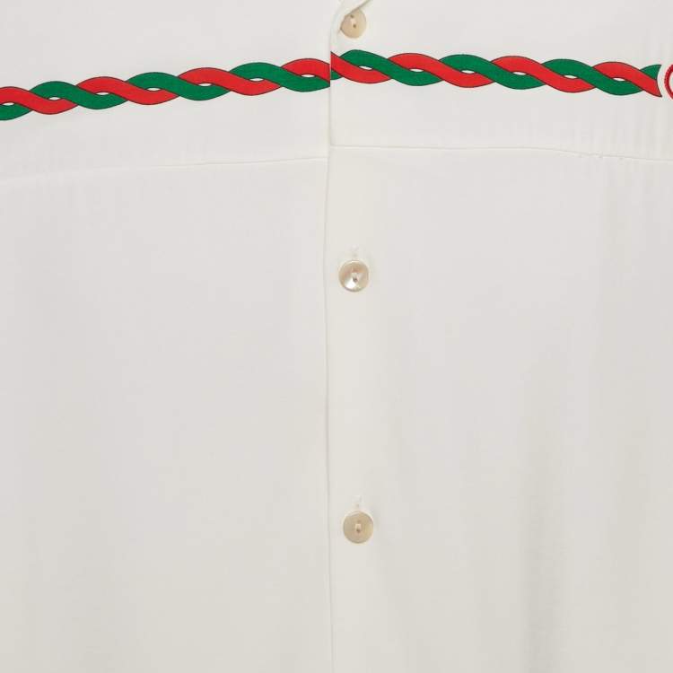 Pre Owned Gucci White Printed Crepe Bowling Shirt L
