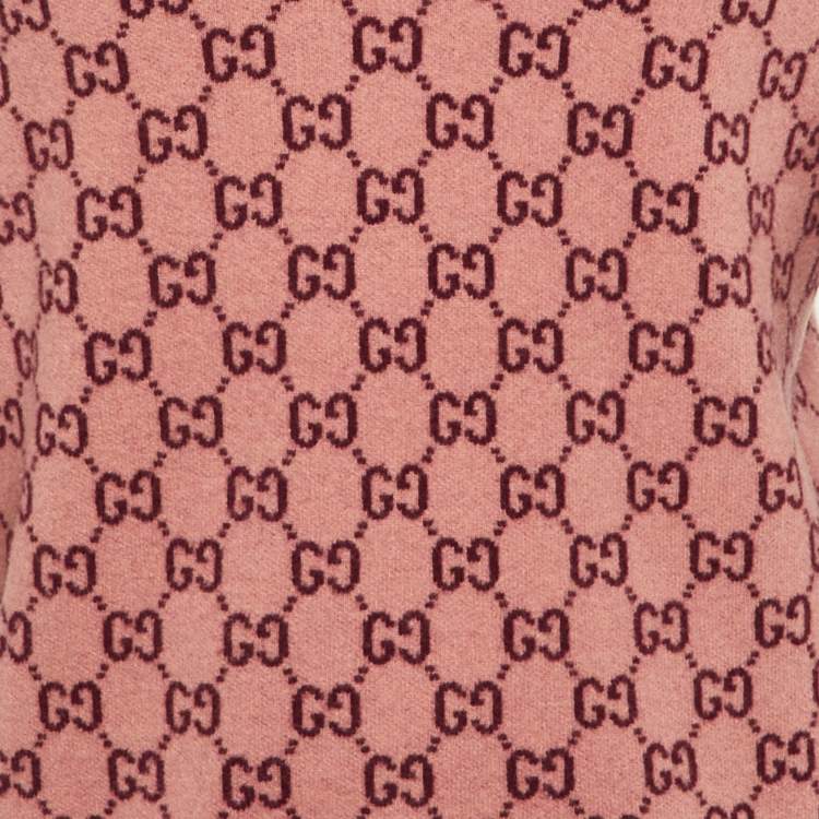 Pre Owned Gucci Pink/Red GG Web Intarsia Wool V-Neck Sweater S