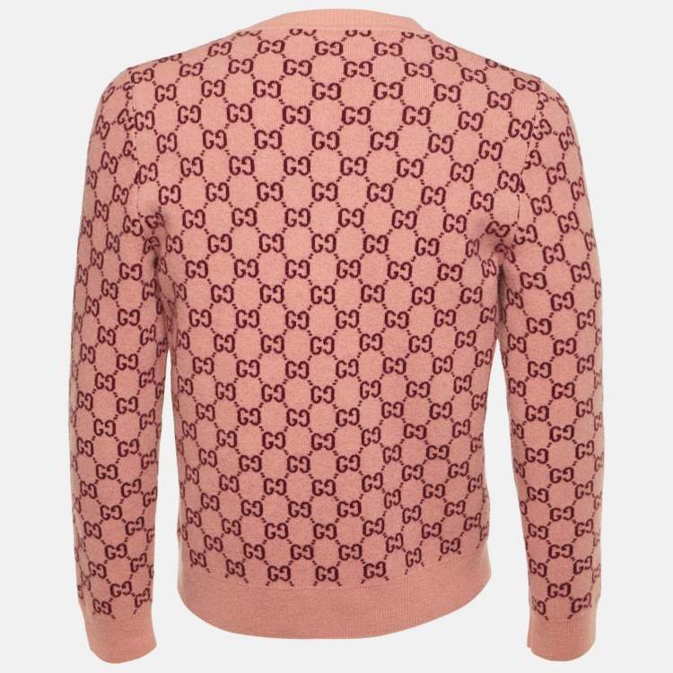 Pre Owned Gucci Pink/Red GG Web Intarsia Wool V-Neck Sweater S