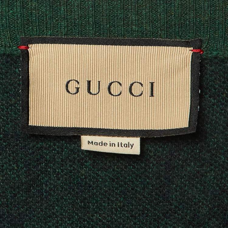 Pre Owned Gucci Green GG Web Intarsia Wool V-Neck Sweater M