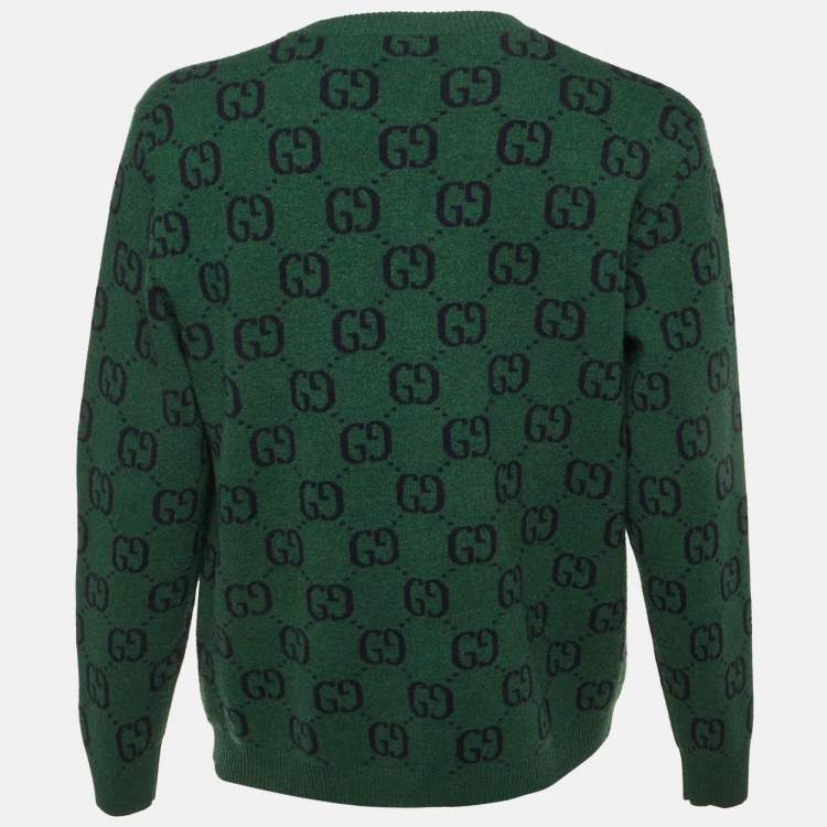 Pre Owned Gucci Green GG Web Intarsia Wool V-Neck Sweater M