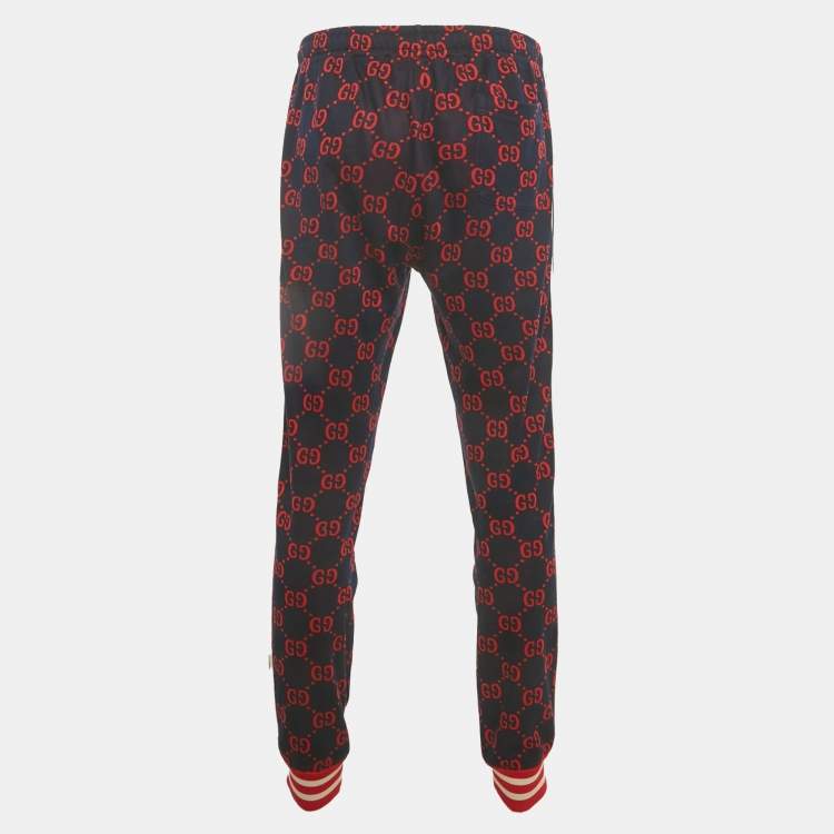 Pre Owned Gucci Navy Blue/Red GG Jacquard Knit Joggers L