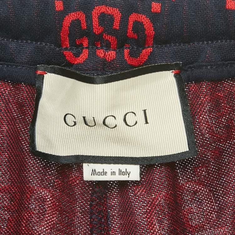 Pre Owned Gucci Navy Blue/Red GG Jacquard Knit Joggers L