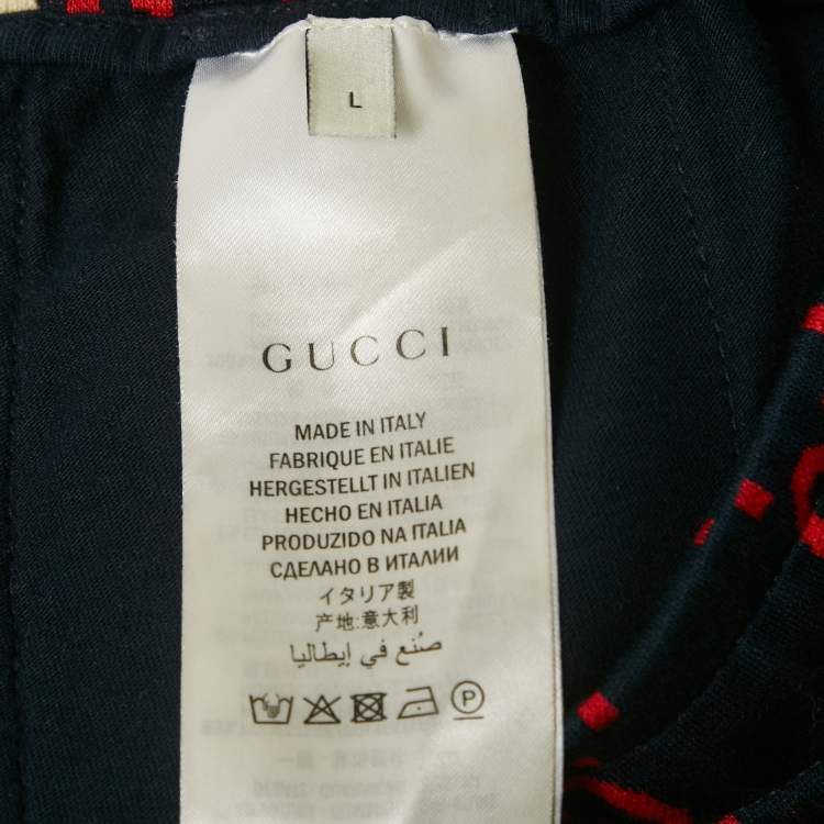 Pre Owned Gucci Navy Blue/Red GG Jacquard Knit Joggers L