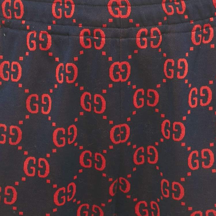 Pre Owned Gucci Navy Blue/Red GG Jacquard Knit Joggers XS
