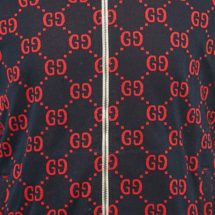 Pre Owned Gucci Navy Blue GG Jacquard Cotton Knit Zip-Up Jacket XL
