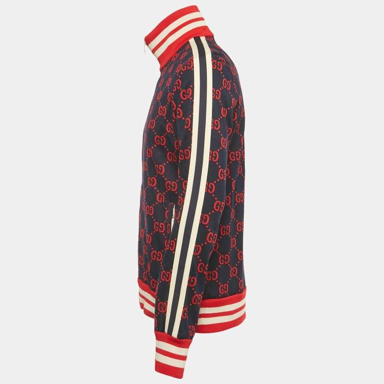 Pre Owned Gucci Navy Blue GG Jacquard Cotton Knit Zip-Up Jacket XL