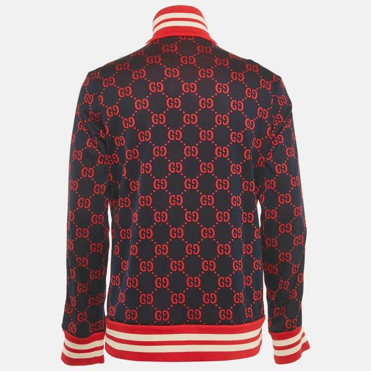 Pre Owned Gucci Navy Blue GG Jacquard Cotton Knit Zip-Up Jacket XL