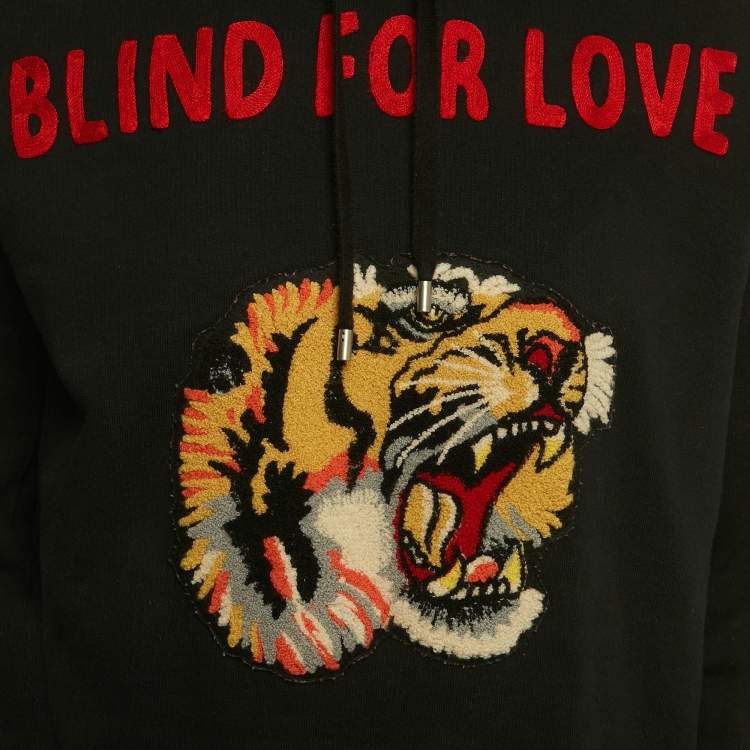 Pre Owned Gucci Black Embroidered Blind For Love Cotton Tiger Patch Hoodie M