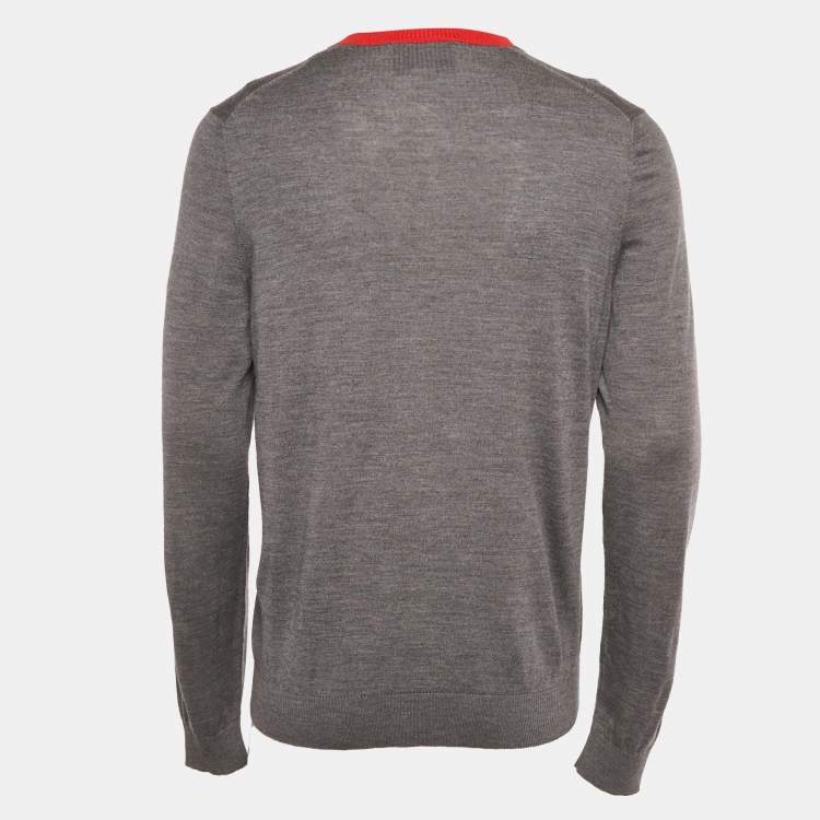 Pre Owned Gucci Grey Bee Intarsia Wool Knit Crew Neck Sweater XL