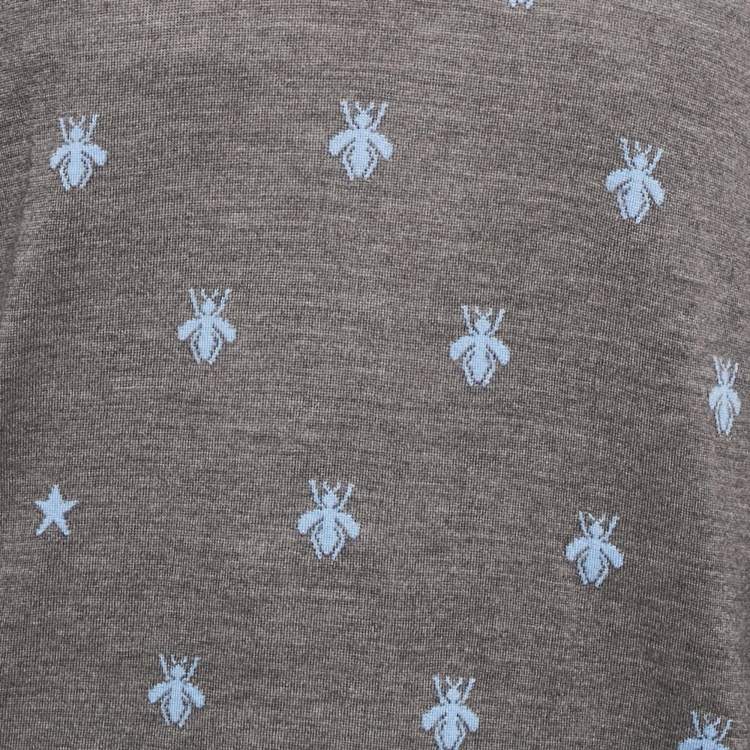 Pre Owned Gucci Grey Bee Intarsia Wool Knit Crew Neck Sweater XL