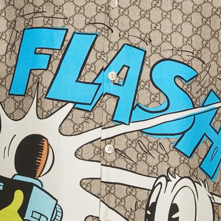 مملوكة مسبقًا قميص غوتشي إكس ديزني حرير بني GG بطبعة دونالد داك "فلاش" لعبة البولينج مقاس صغير