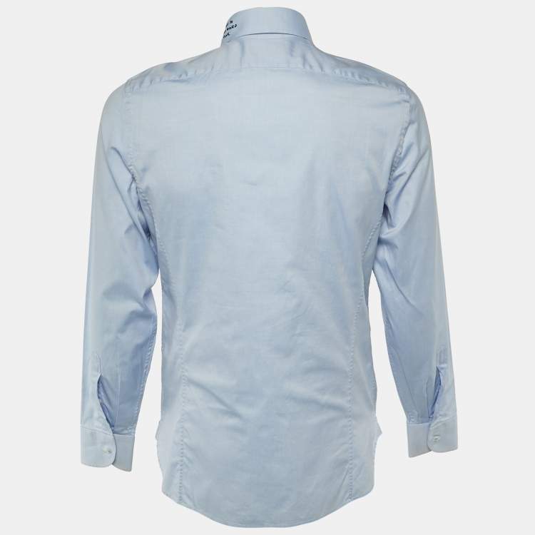 Pre Owned Gucci Blue Chambray Cotton Embroidered Collar Button Down Shirt M