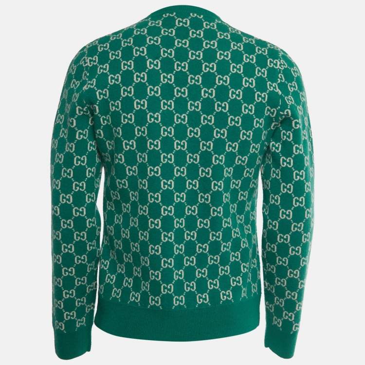 Pre Owned Gucci Green GG Jacquard Wool V-Neck Sweater S