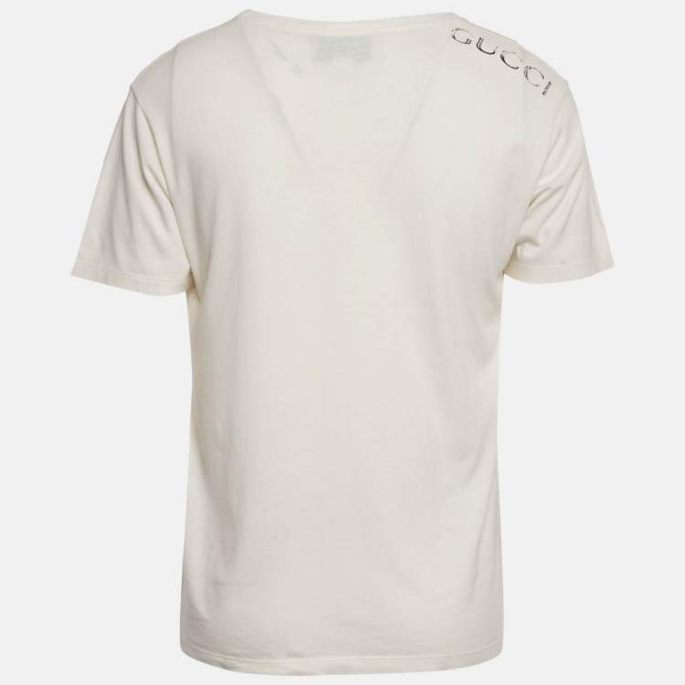 Pre Owned Gucci Cream Logo Print Jersey Distressed T-Shirt S