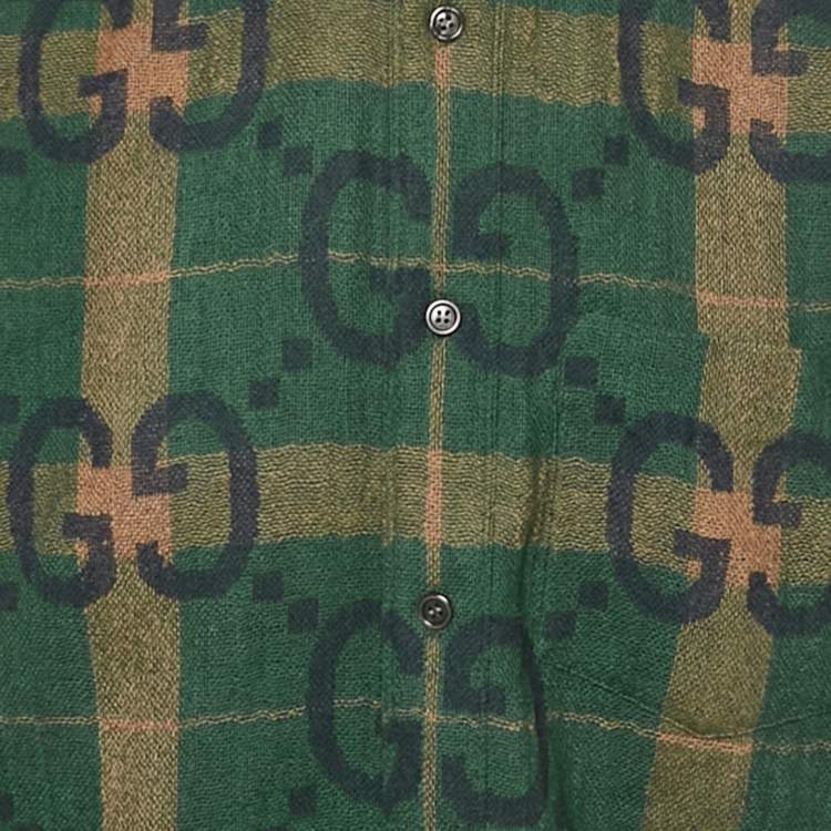 Pre Owned قميص غوتشي بأكمام طويلة صوف جامبو GG أزرق/أخضر مقاس صغير