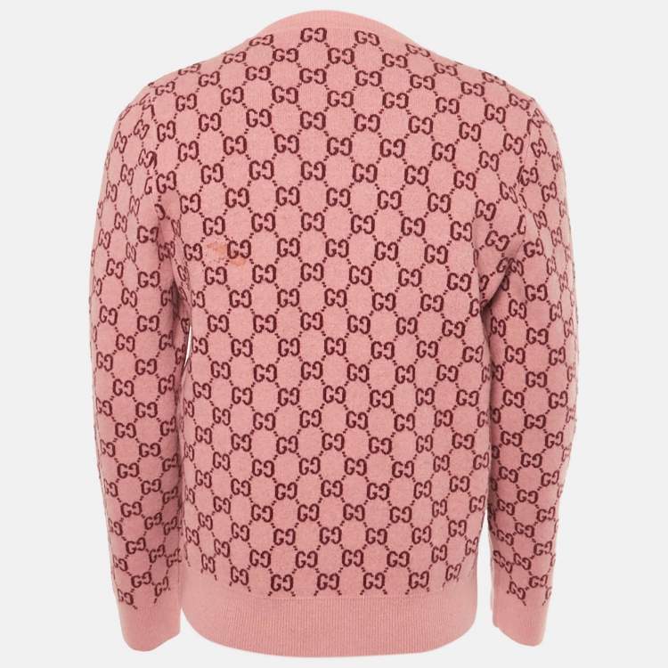Pre Owned Gucci Pink GG Jacquard Wool V-Neck Sweater M
