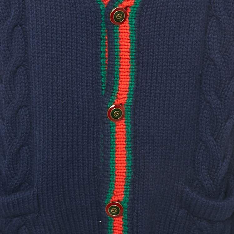 مملوكة مسبقًا Gucci Navy Blue Web Intarsia Cable Knit Cardigan XL