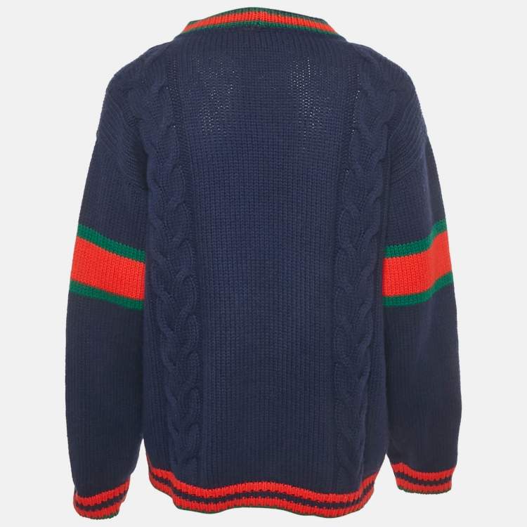 مملوكة مسبقًا Gucci Navy Blue Web Intarsia Cable Knit Cardigan XL