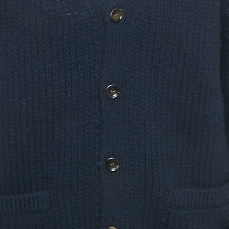 Pre Owned Gucci Navy Blue Logo Intarsia Cable Knit Cardigan L