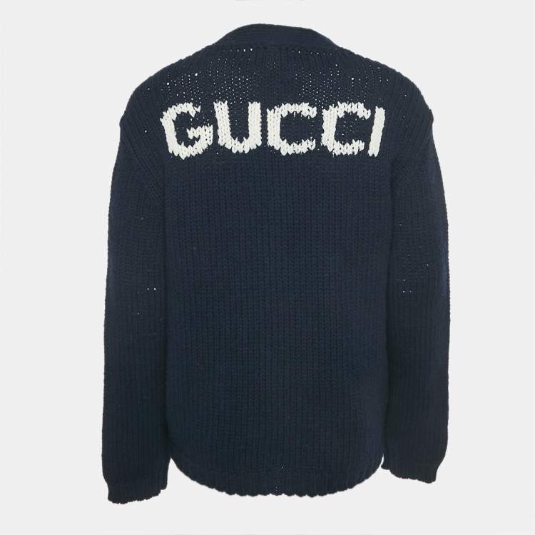 Pre Owned Gucci Navy Blue Logo Intarsia Cable Knit Cardigan L