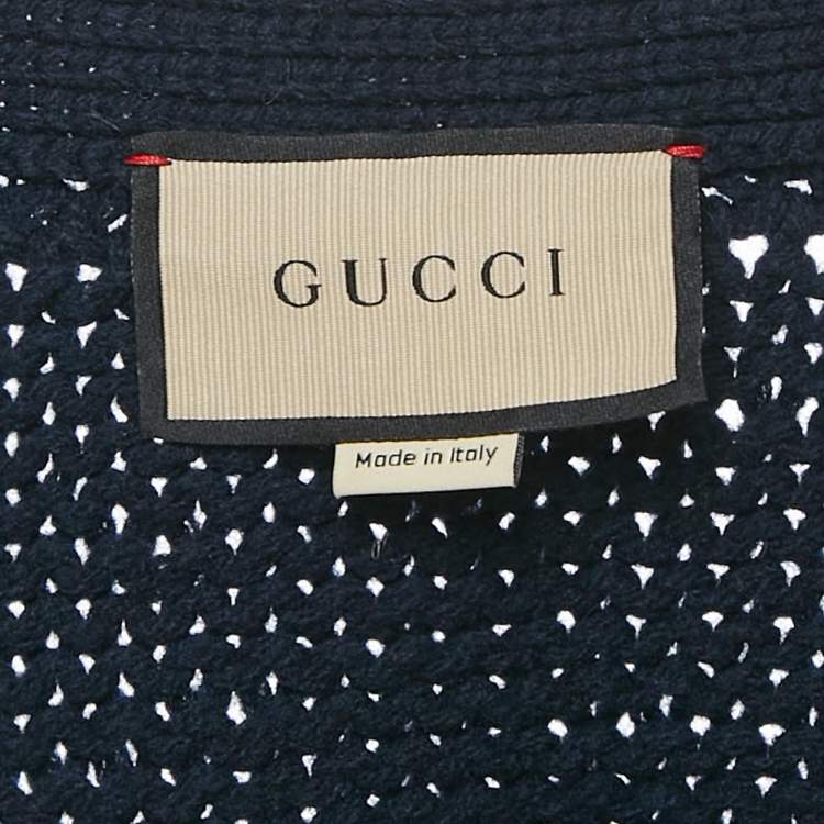 Pre Owned Gucci Navy Blue Logo Intarsia Cable Knit Cardigan L