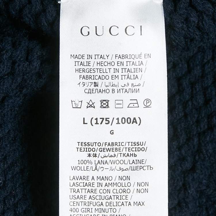 Pre Owned Gucci Navy Blue Logo Intarsia Cable Knit Cardigan L