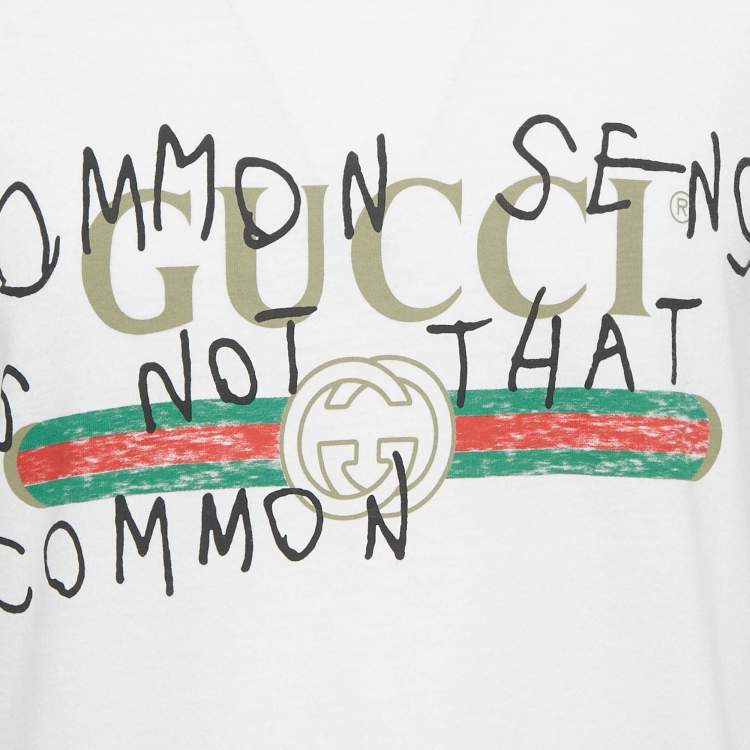 Pre Owned Gucci White Printed Cotton Distressed T-Shirt S 