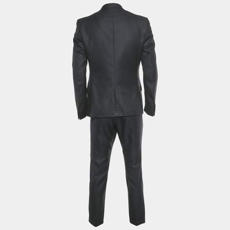 Pre Owned طقم غوتشي بليزر وبنطلون مزيج صوف مقلم أزرق كحلي مقاس كبير