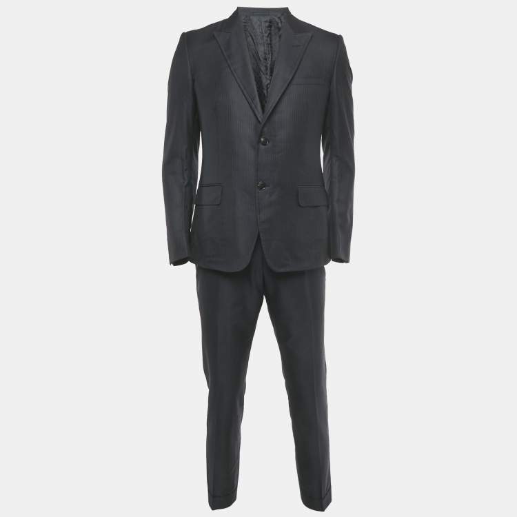 Pre Owned طقم غوتشي بليزر وبنطلون مزيج صوف مقلم أزرق كحلي مقاس كبير