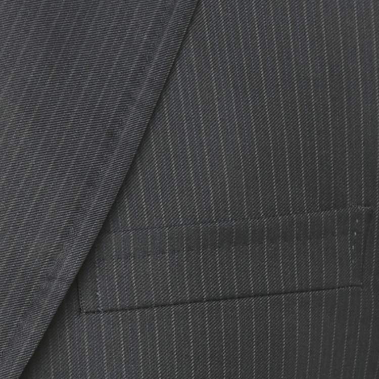 Pre Owned طقم غوتشي بليزر وبنطلون مزيج صوف مقلم أزرق كحلي مقاس كبير