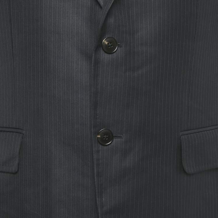 Pre Owned طقم غوتشي بليزر وبنطلون مزيج صوف مقلم أزرق كحلي مقاس كبير