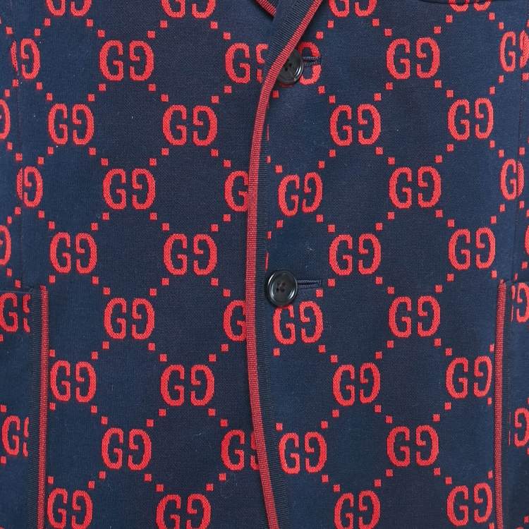 Pre Owned Gucci Navy Blue/Red GG Jacquard Knit Blazer XL
