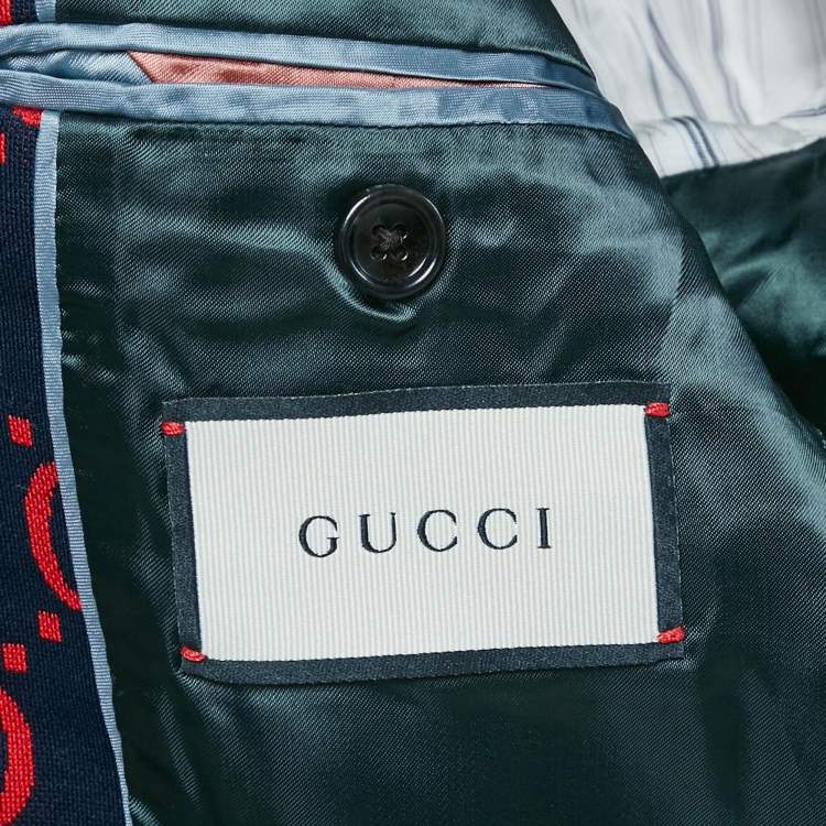 Pre Owned Gucci Navy Blue/Red GG Jacquard Knit Blazer XL