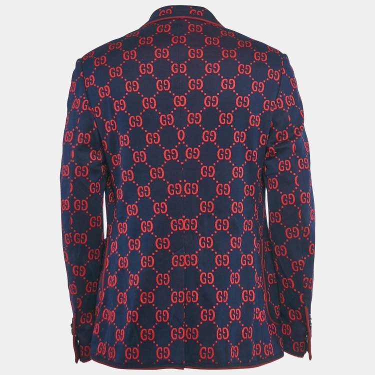 Pre Owned Gucci Navy Blue/Red GG Jacquard Knit Blazer XL