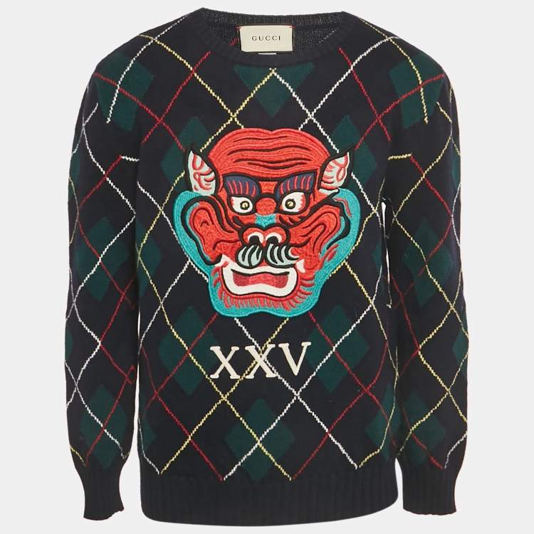 Pre Owned Gucci Blue/Green Applique Argyle Wool Sweater L
